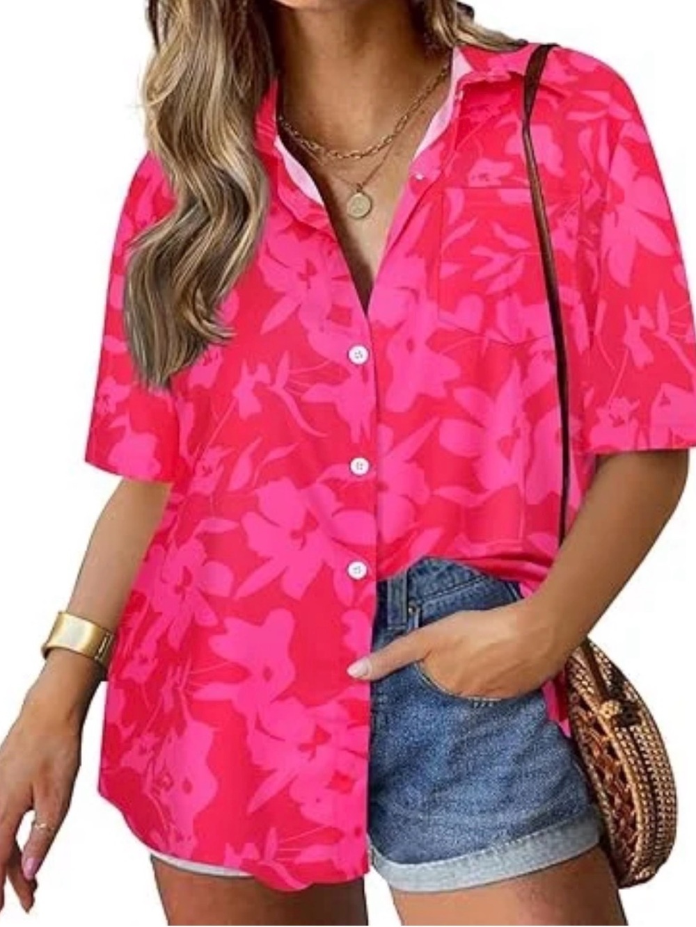 Bold Pink Floral Button-Front Women's Top
